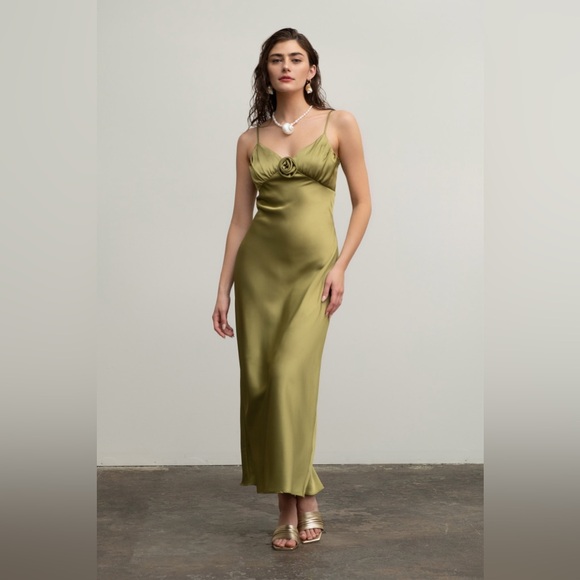 89. Satin Rosette Sleeveless Maxi Dress in Kiwi - Picture 4 of 4